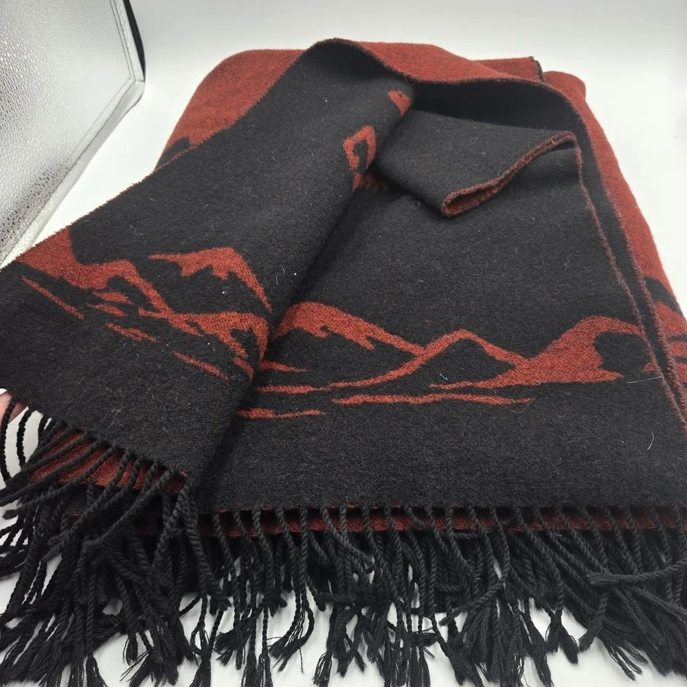 Vtg Merino Wool Celebrate The Horse Southwest Throw Blanket Double Side Red Blk
